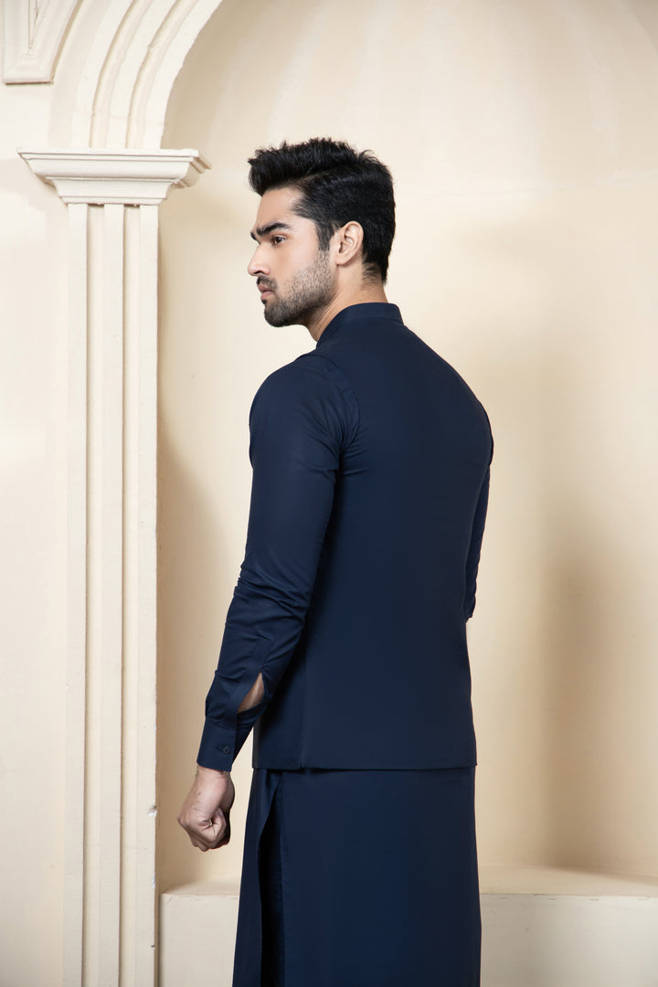 Shahjahan Navy Blue Soft Cotton Kurta Trouer with waistcoat 3 Piece Suit