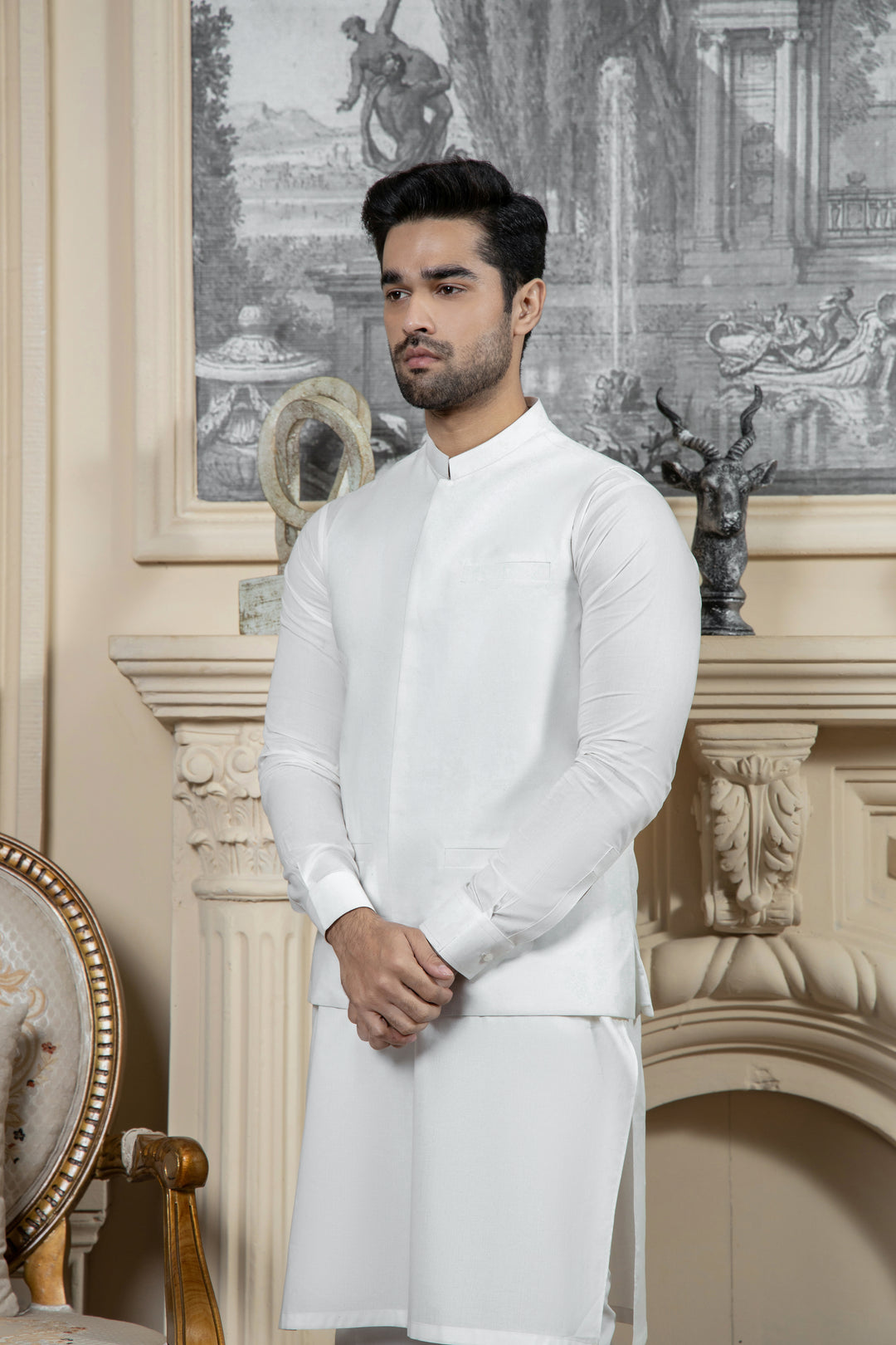 Shahjahan OFF White Soft Cotton Kurta Trouer with waistcoat 3 Piece Suit