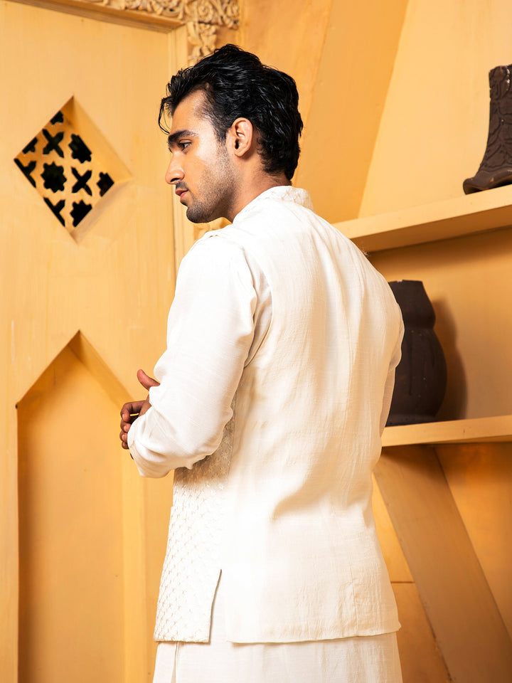 Shahjahan - Off White Kurta Trouser With Waistcoat - 3 Piece
