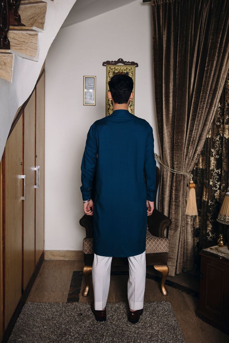 Shahjahan - Teal Blue Kurta White Trouser - 2 Piece
