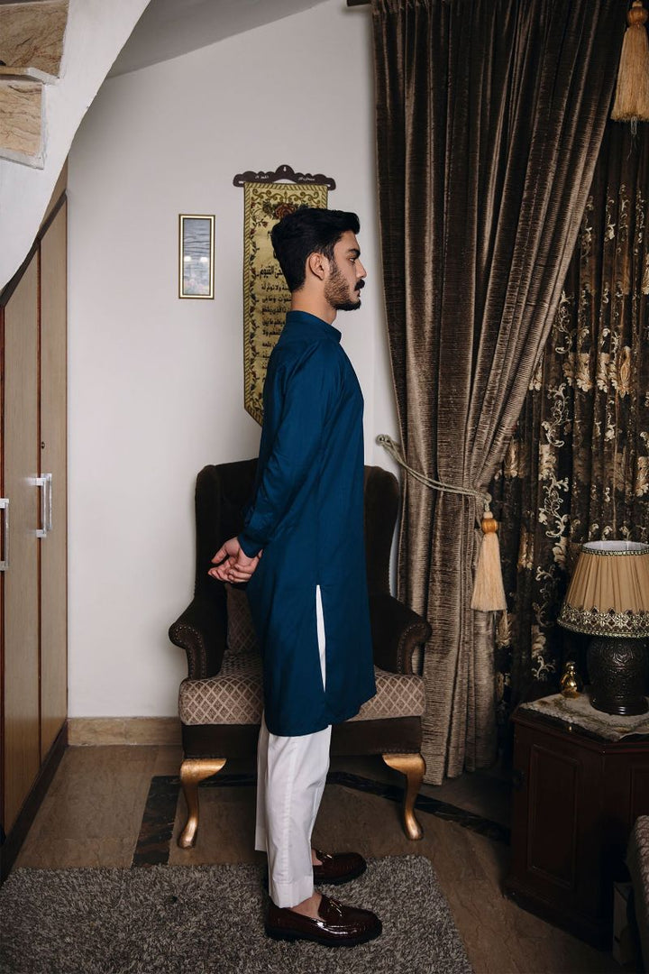 Shahjahan - Teal Blue Kurta White Trouser - 2 Piece