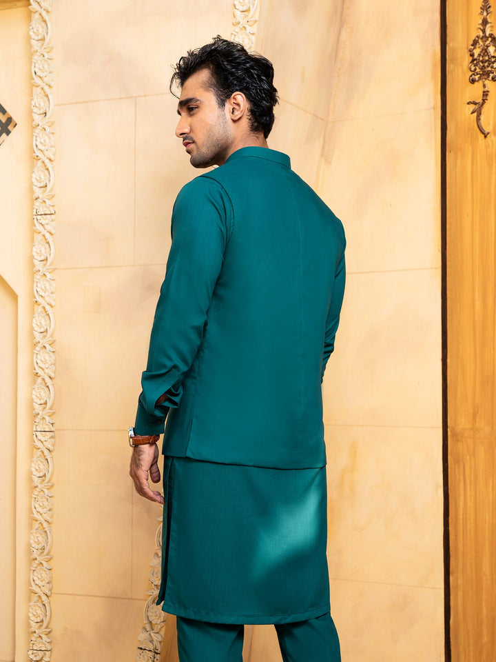 Shahjahan - Teal Kurta Trouser With Waistcoat - 3 Piece