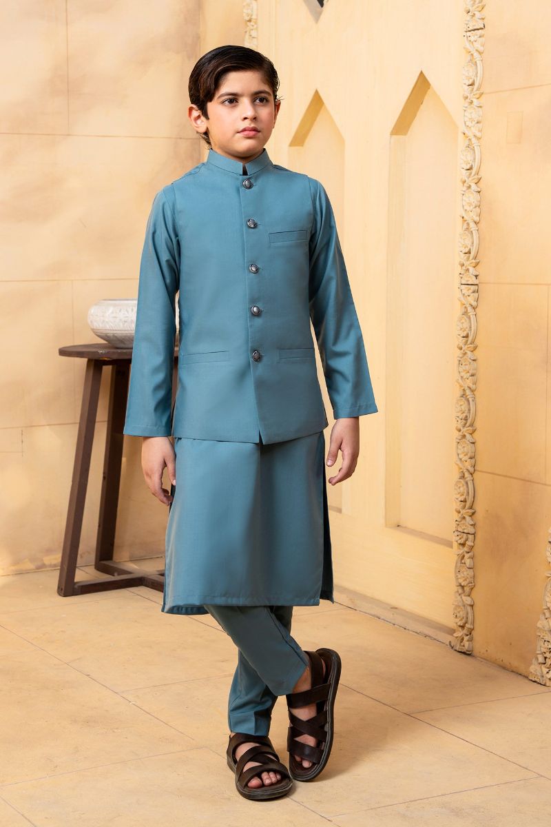 Shahjahan - Teal Kurta Trouser with Waistcoat - 3 Piece