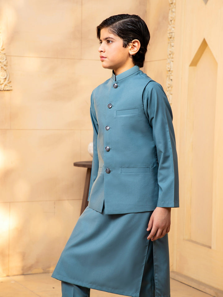 Shahjahan - Teal Kurta Waistcoat - 1 Piece