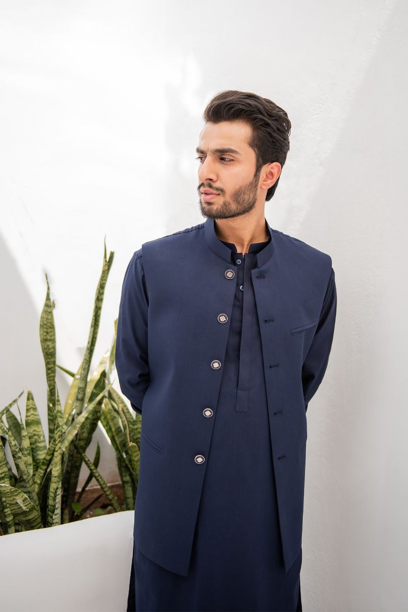 Shahjahan - Wash & Wear - Blue Kurta Trouser & Waistcoat - 3 Piece