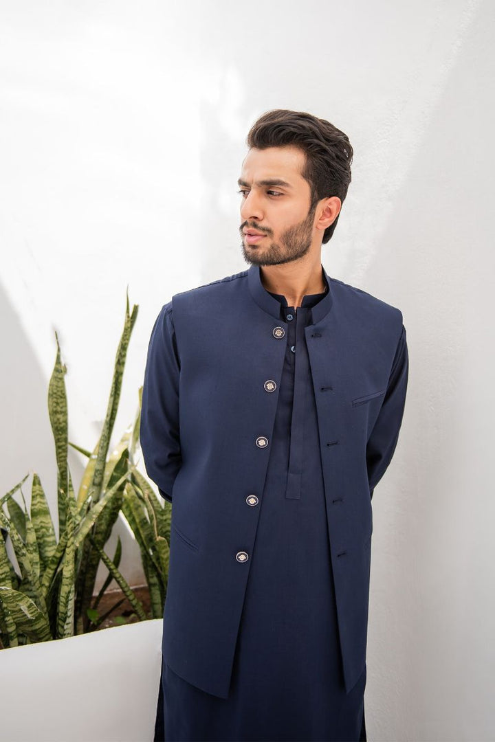 Shahjahan - Wash & Wear - Blue Kurta Trouser & Waistcoat - 3 Piece