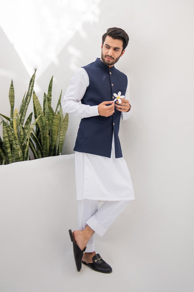 Shahjahan - Wash &amp; Wear - Blue on Off White -3 Piece