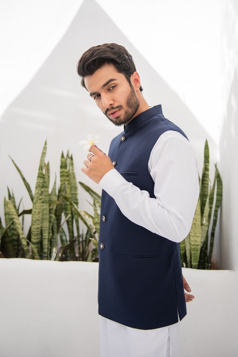 Shahjahan - Wash &amp; Wear - Blue on Off White -3 Piece