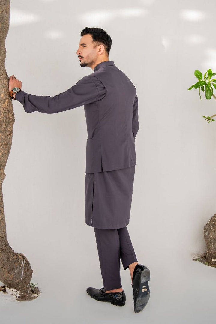 Shahjahan - Wash & Wear - Charcoal Grey Kurta Trouser & Waistcoat - 3 Piece