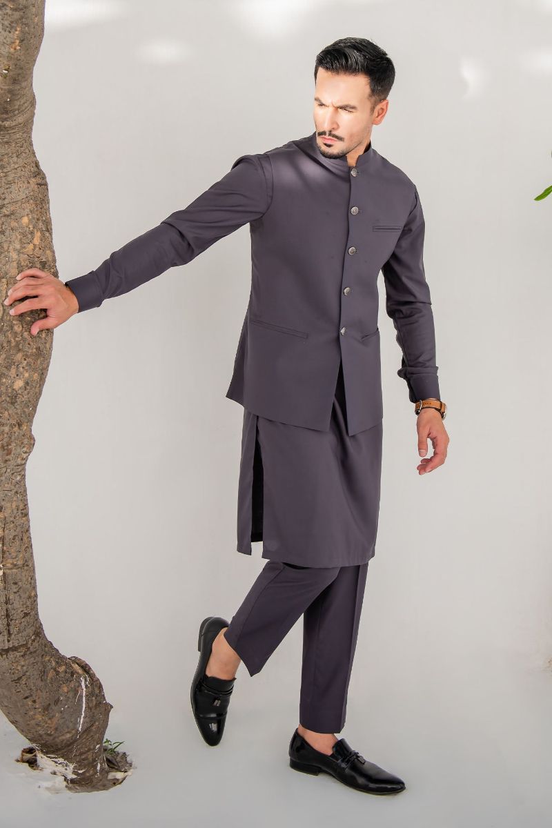 Shahjahan - Wash & Wear - Charcoal Grey Kurta Trouser & Waistcoat - 3 Piece