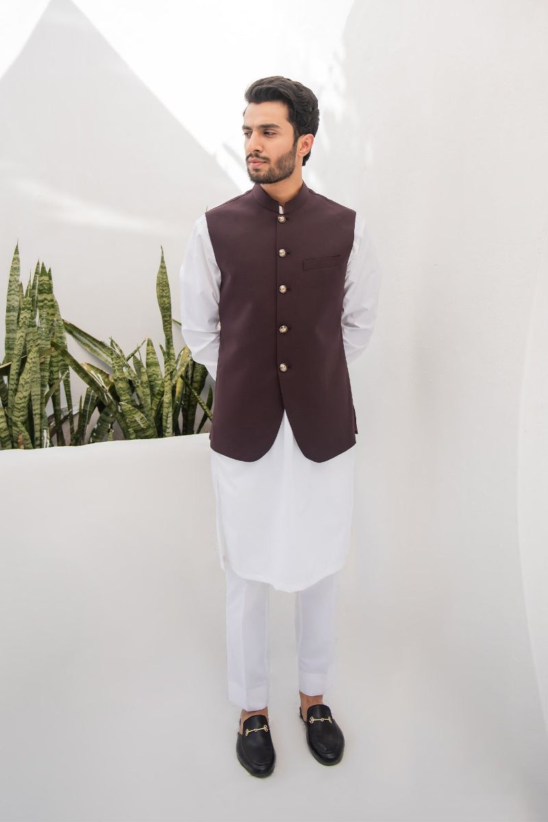 Shahjahan - Wash &amp; Wear - Chocolate Brown on Off White - 3 Piece