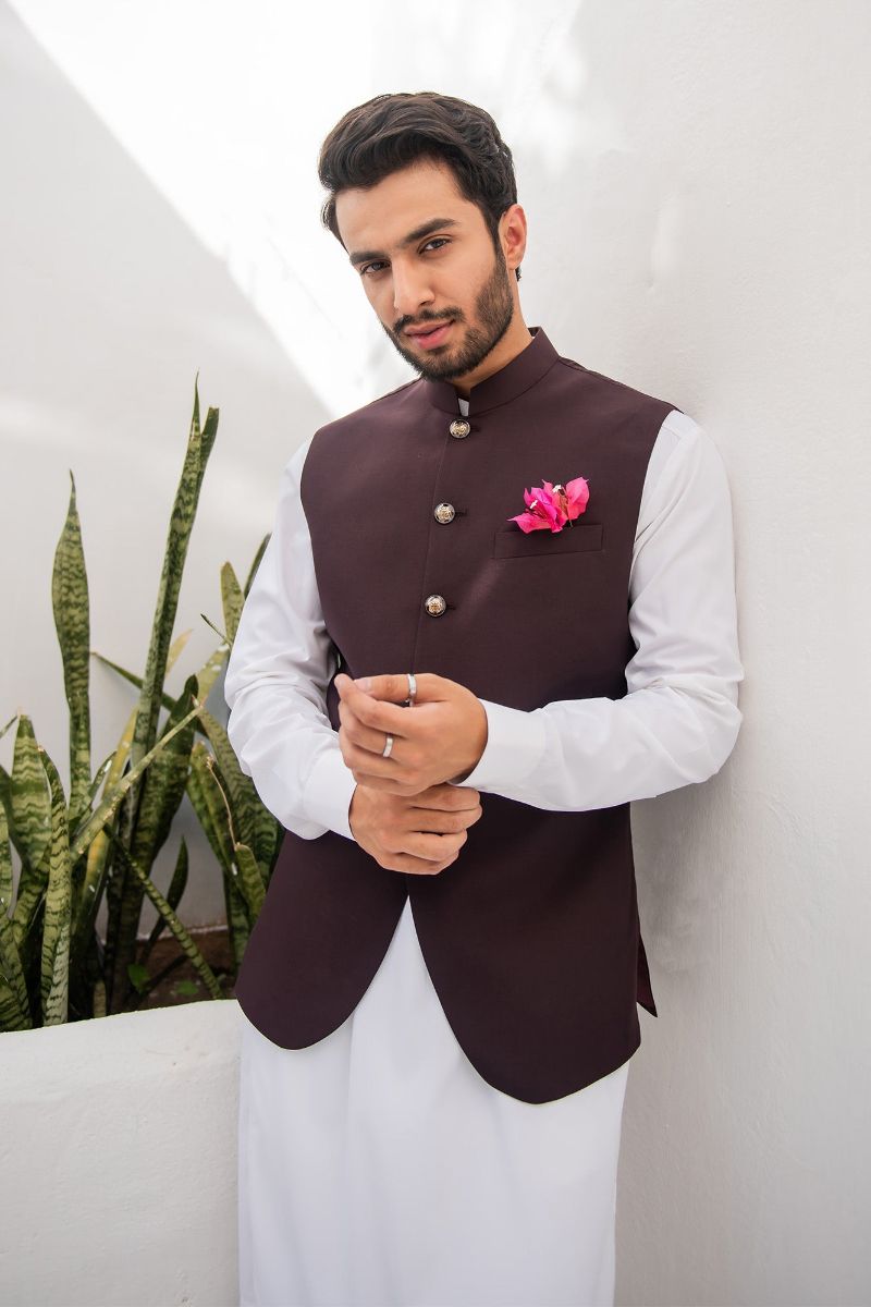 Shahjahan - Wash &amp; Wear - Chocolate Brown on Off White - 3 Piece