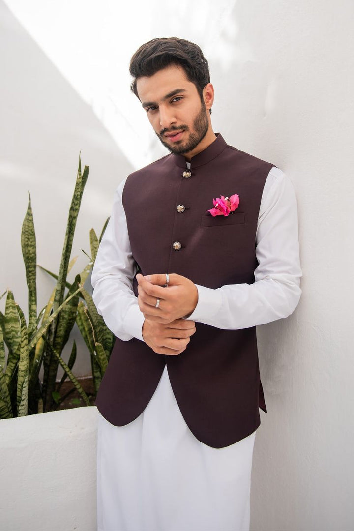 Shahjahan - Wash &amp; Wear - Chocolate Brown on Off White - 3 Piece