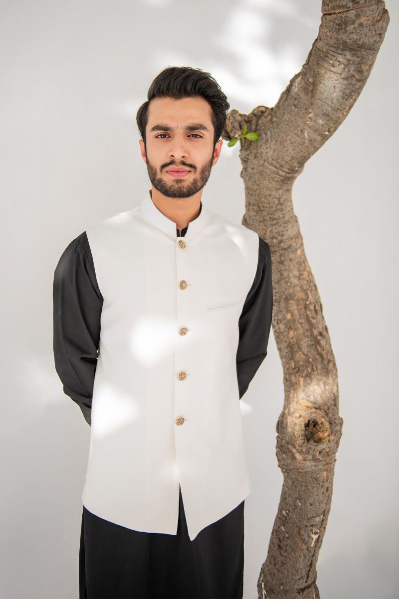 Shahjahan - Wash &amp; Wear - Off White on Black - 3 Piece