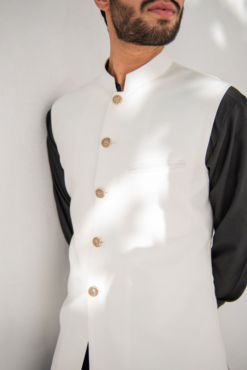 Shahjahan - Wash &amp; Wear - Off White on Black - 3 Piece