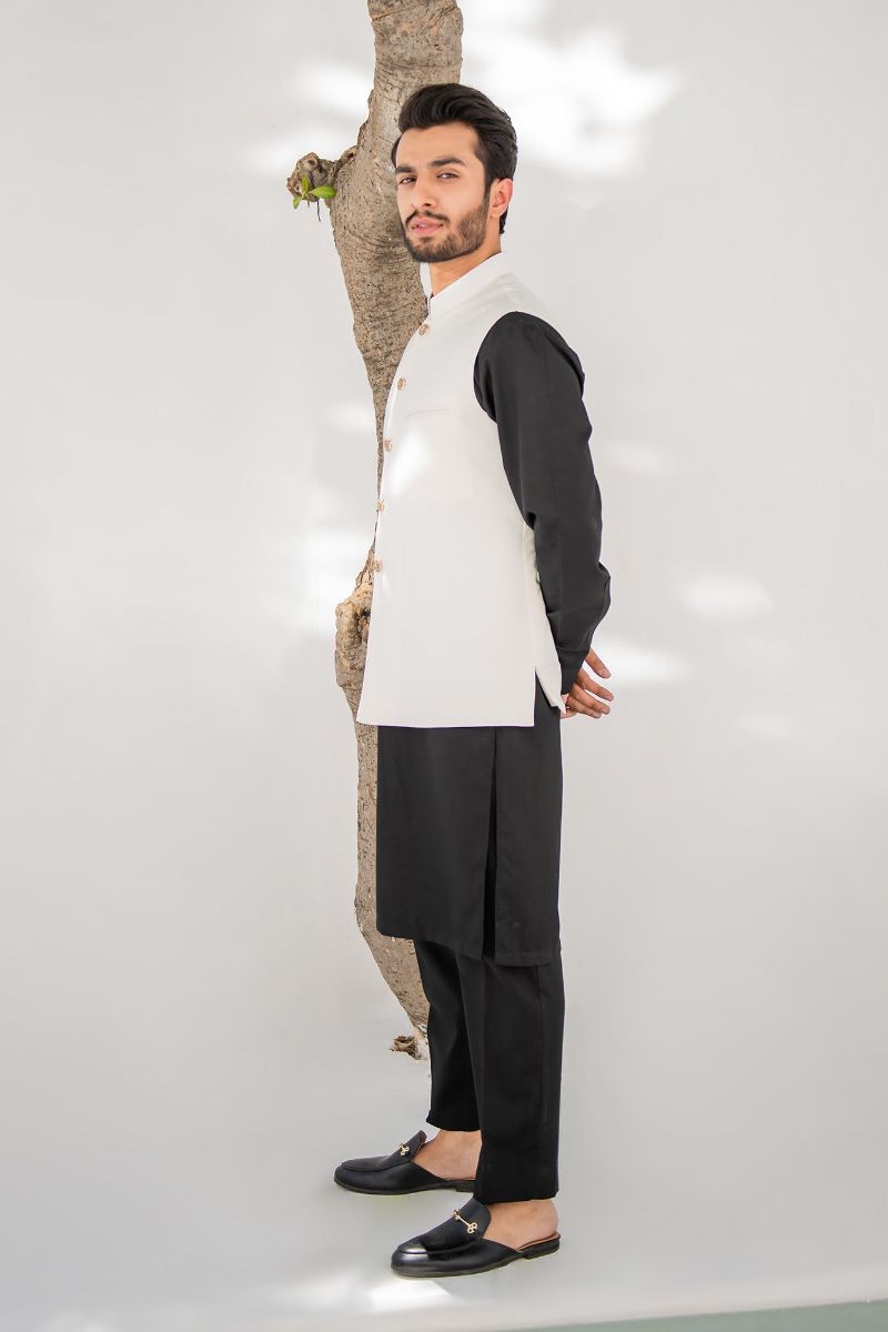 Shahjahan - Wash &amp; Wear - Off White on Black - 3 Piece