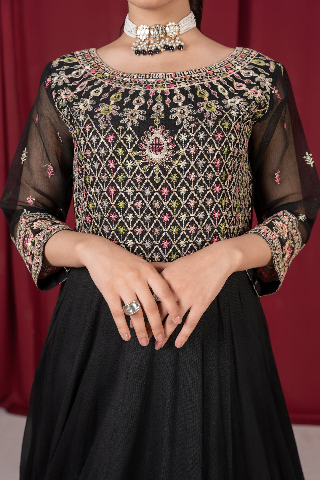 Laleen - Shehna Cotton Net Frock For Women - Black - 3 Piece