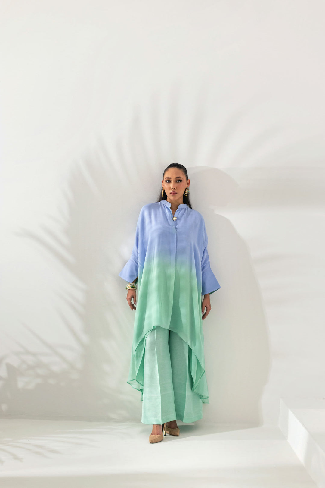 Shehrnaz - Aqua Ombre High-Low Tunic Co-ord Set - Ocean blue - 2 Piece