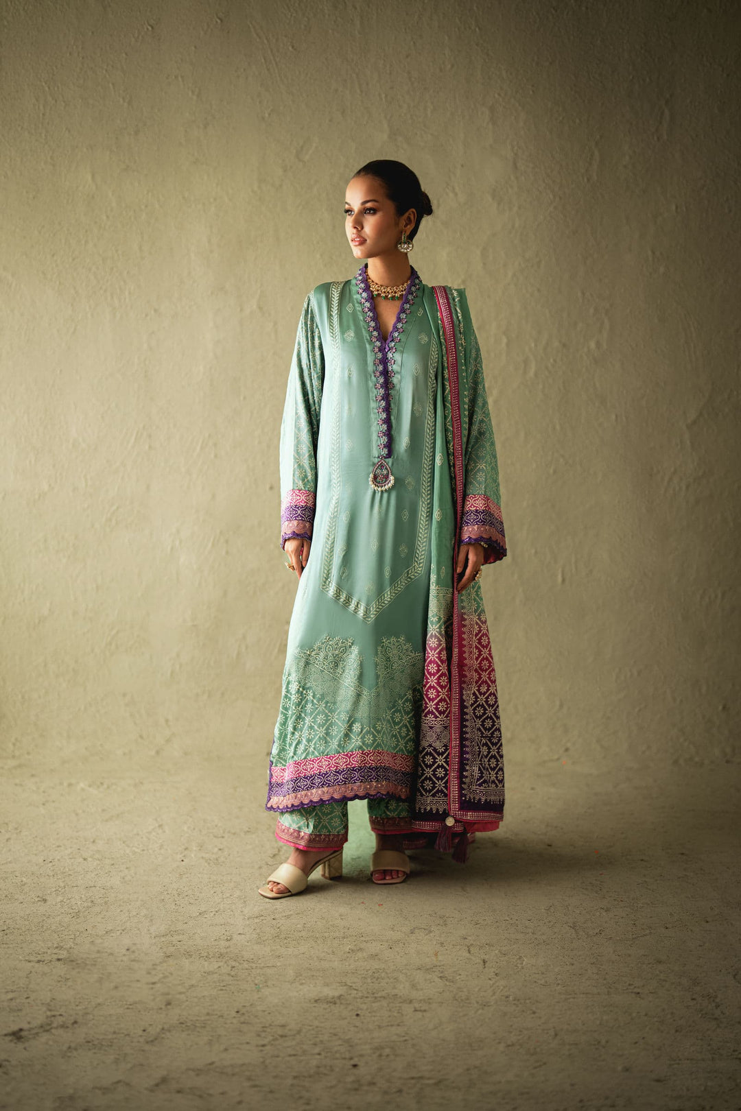 Shehrnaz - Avena Sea-Green Silk Chunri Set - SHK-1580 - Sea-green - satin - 3 Piece