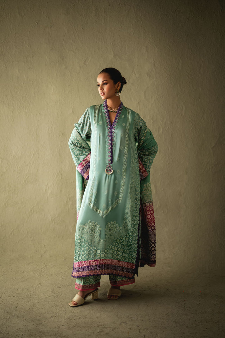 Shehrnaz - Avena Sea-Green Silk Chunri Set - SHK-1580 - Sea-green - satin - 3 Piece