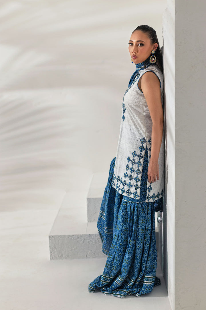 Shehrnaz - Azure Blue Embroidered Kurti with Printed Gharara - White - 3 Piece
