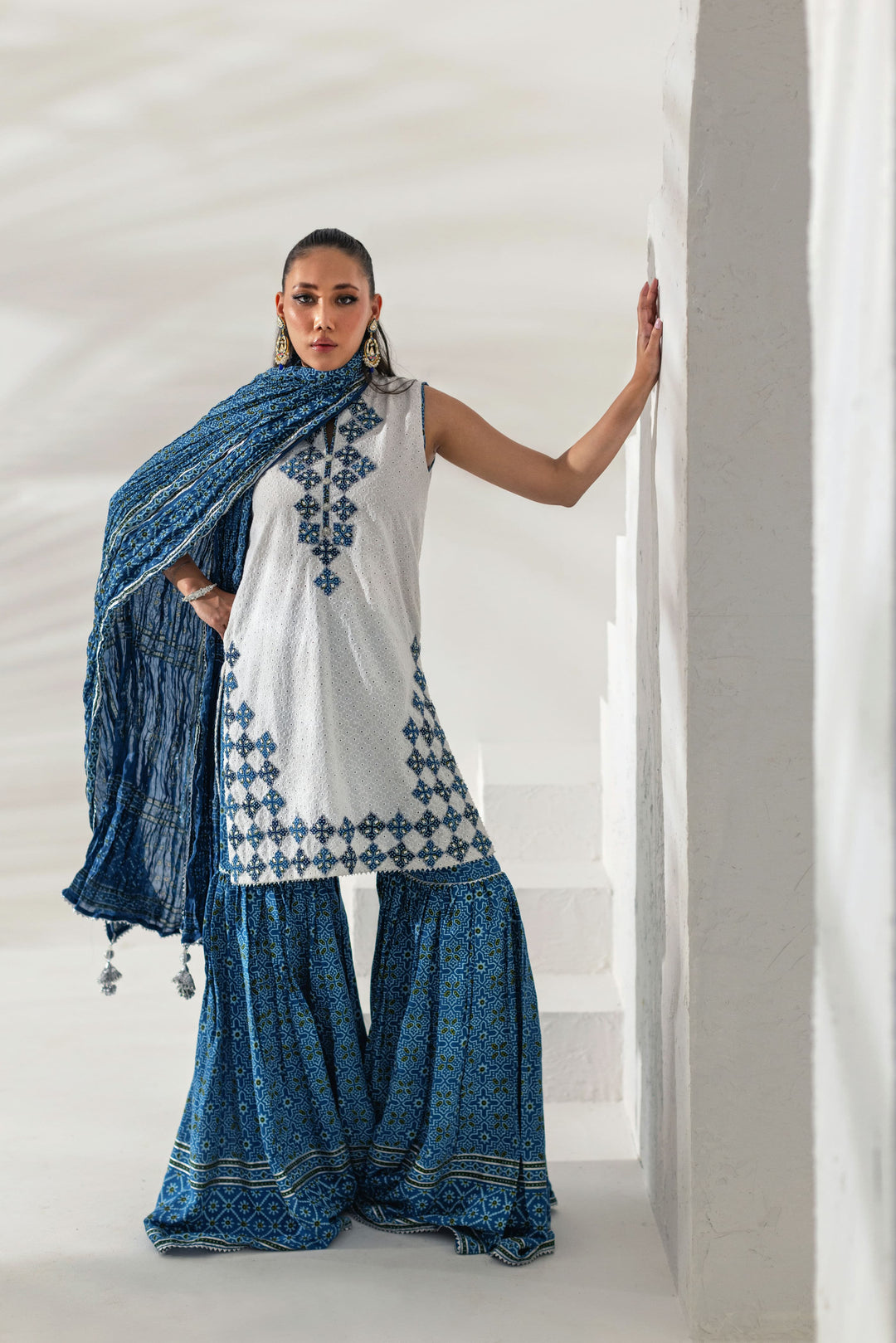 Shehrnaz - Azure Blue Embroidered Kurti with Printed Gharara - White - 3 Piece