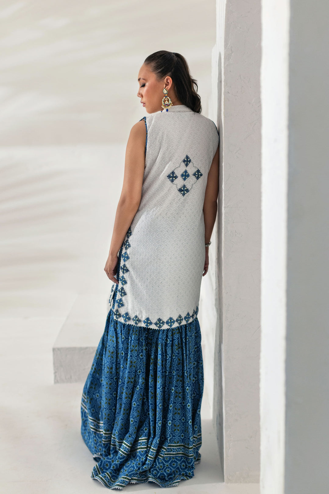 Shehrnaz - Azure Blue Embroidered Kurti with Printed Gharara - White - 3 Piece