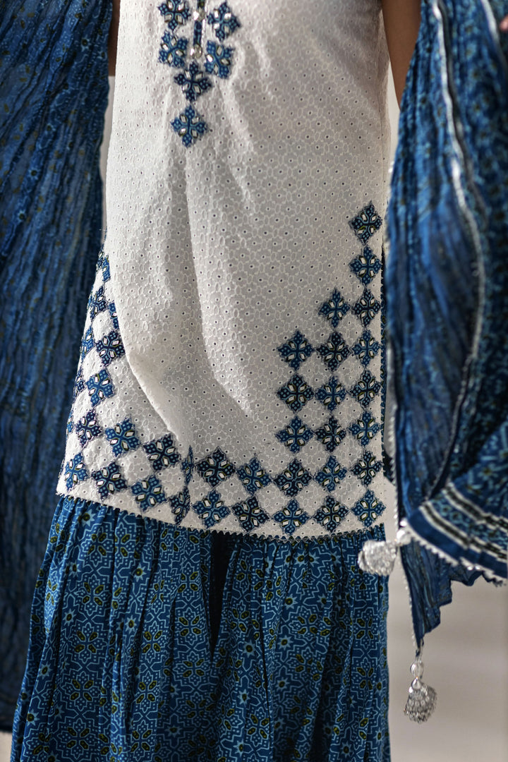 Shehrnaz - Azure Blue Embroidered Kurti with Printed Gharara - White - 3 Piece