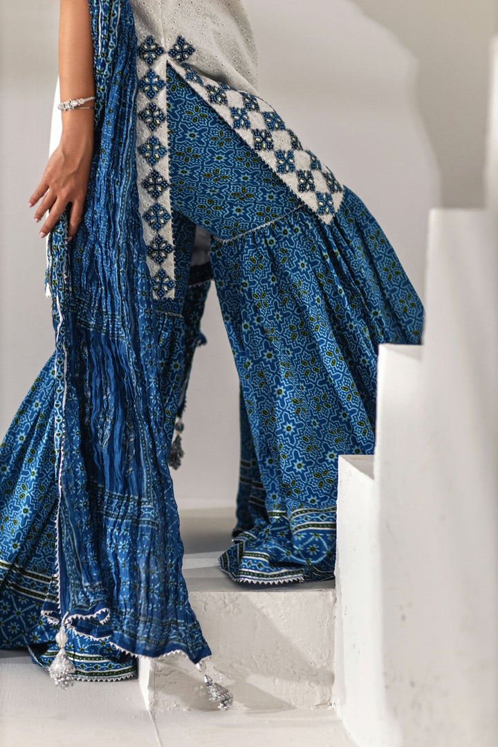 Shehrnaz - Azure Blue Embroidered Kurti with Printed Gharara - White - 3 Piece