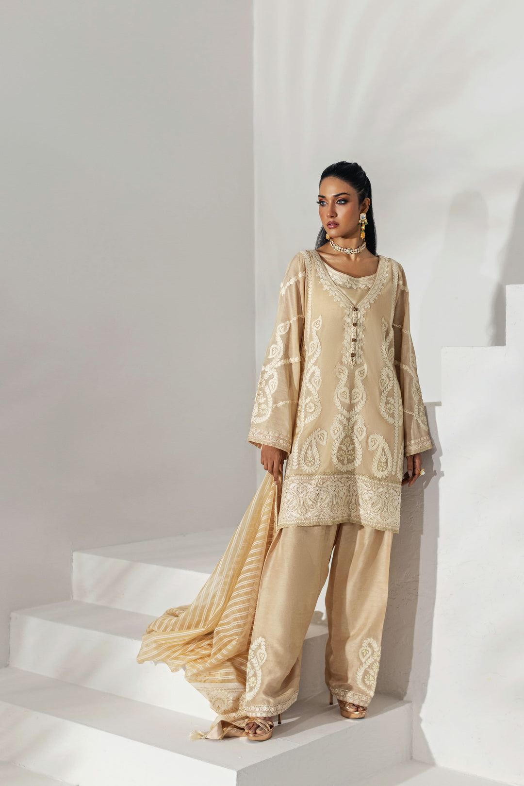 Shehrnaz - Champagne Embroidered Organza Three-Piece Suit - Cream - 3 Piece
