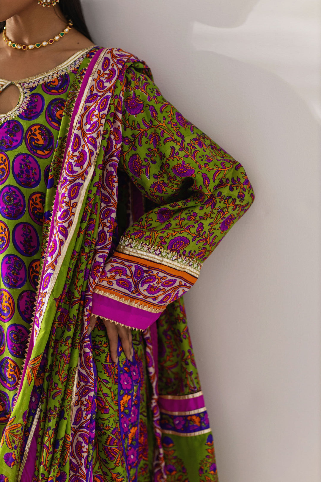Shehrnaz - Chartreuse & Magenta Vibrant Printed Drape Set - Green - 3 Piece