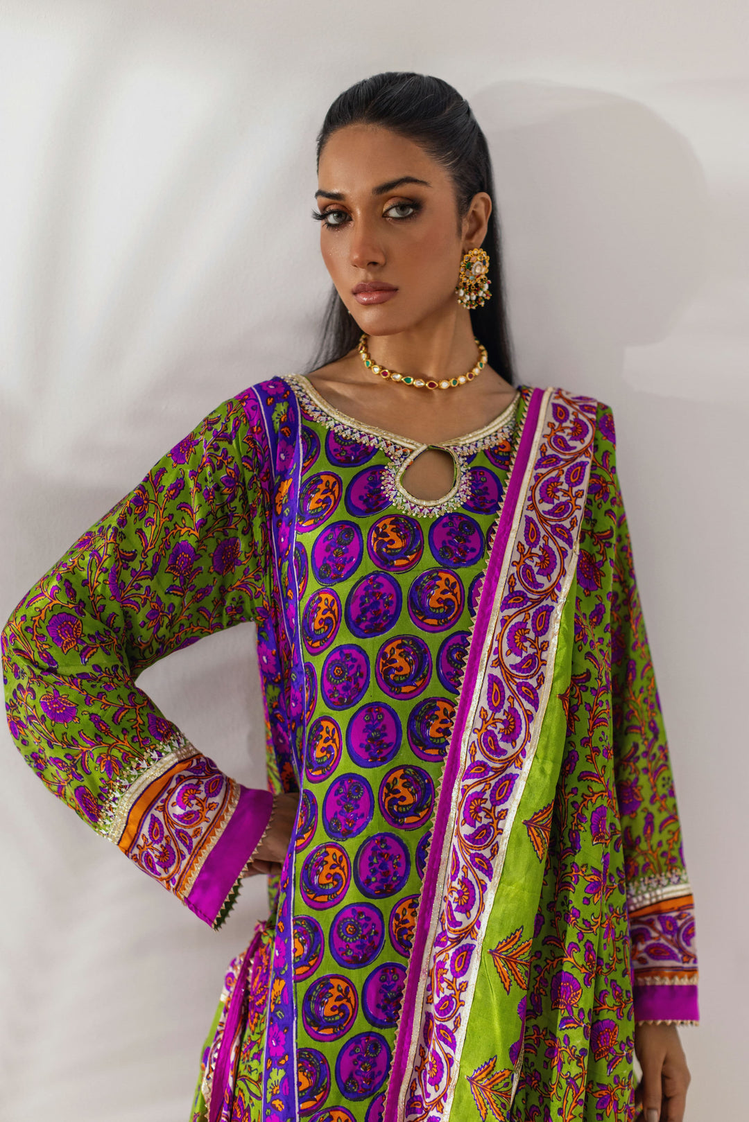 Shehrnaz - Chartreuse & Magenta Vibrant Printed Drape Set - Green - 3 Piece