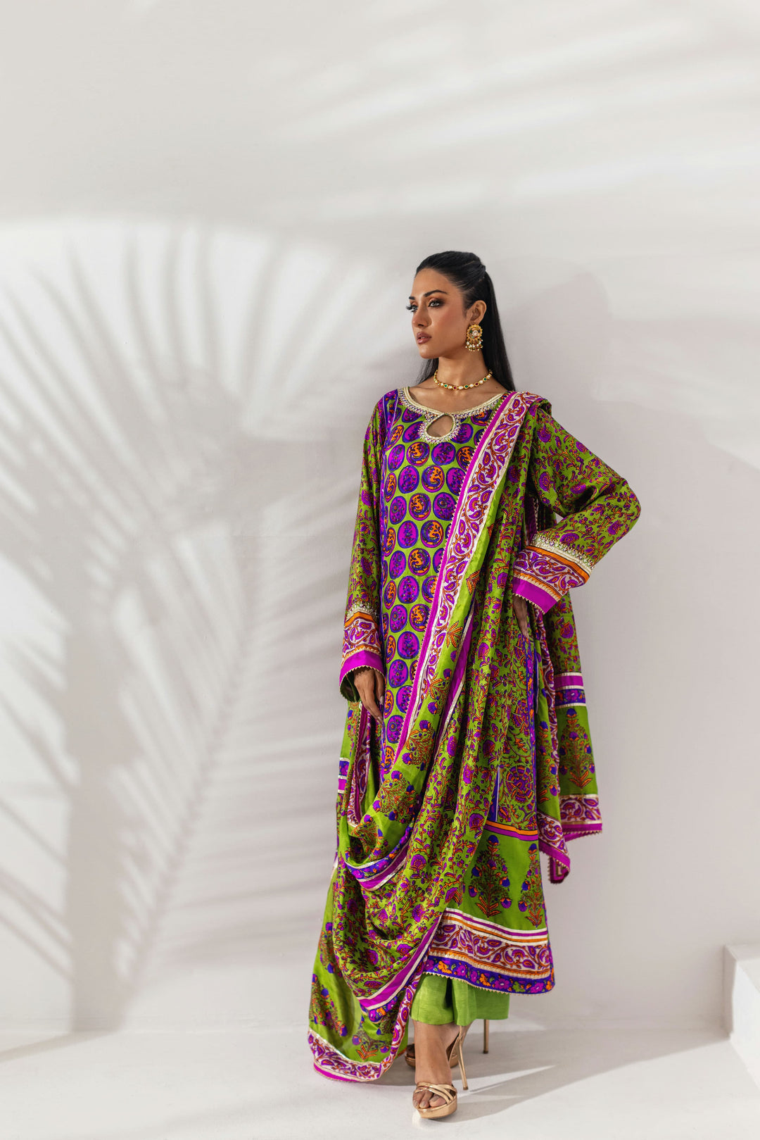 Shehrnaz - Chartreuse & Magenta Vibrant Printed Drape Set - Green - 3 Piece
