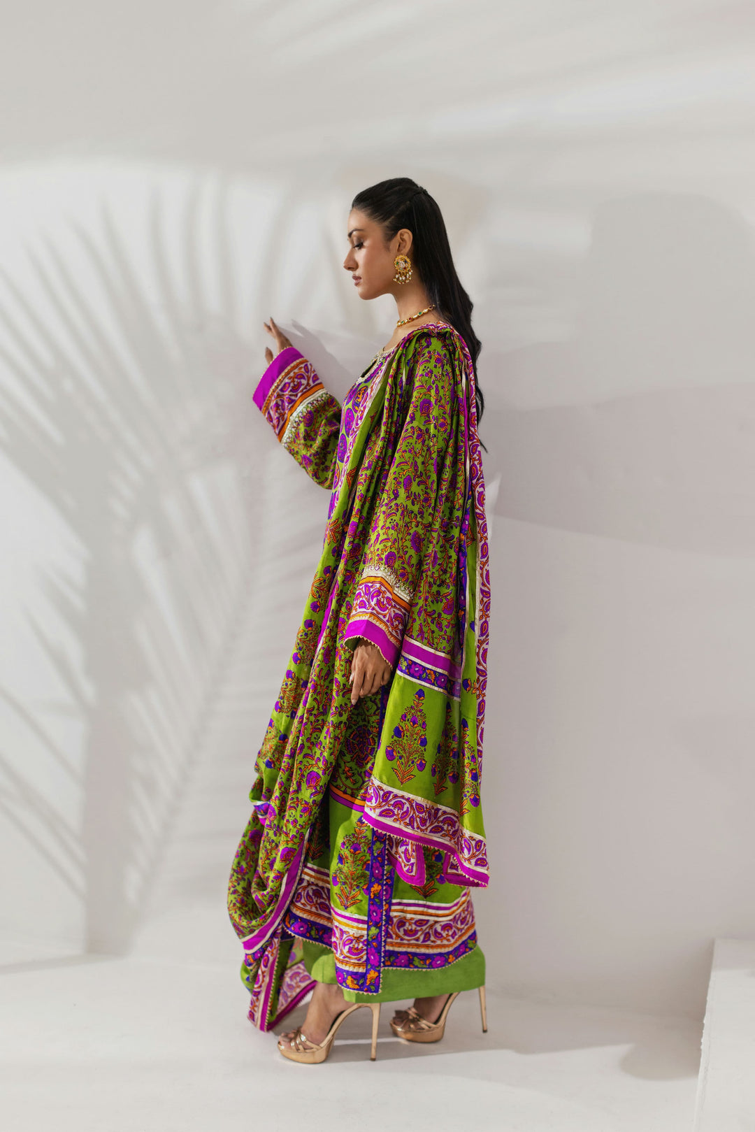 Shehrnaz - Chartreuse & Magenta Vibrant Printed Drape Set - Green - 3 Piece