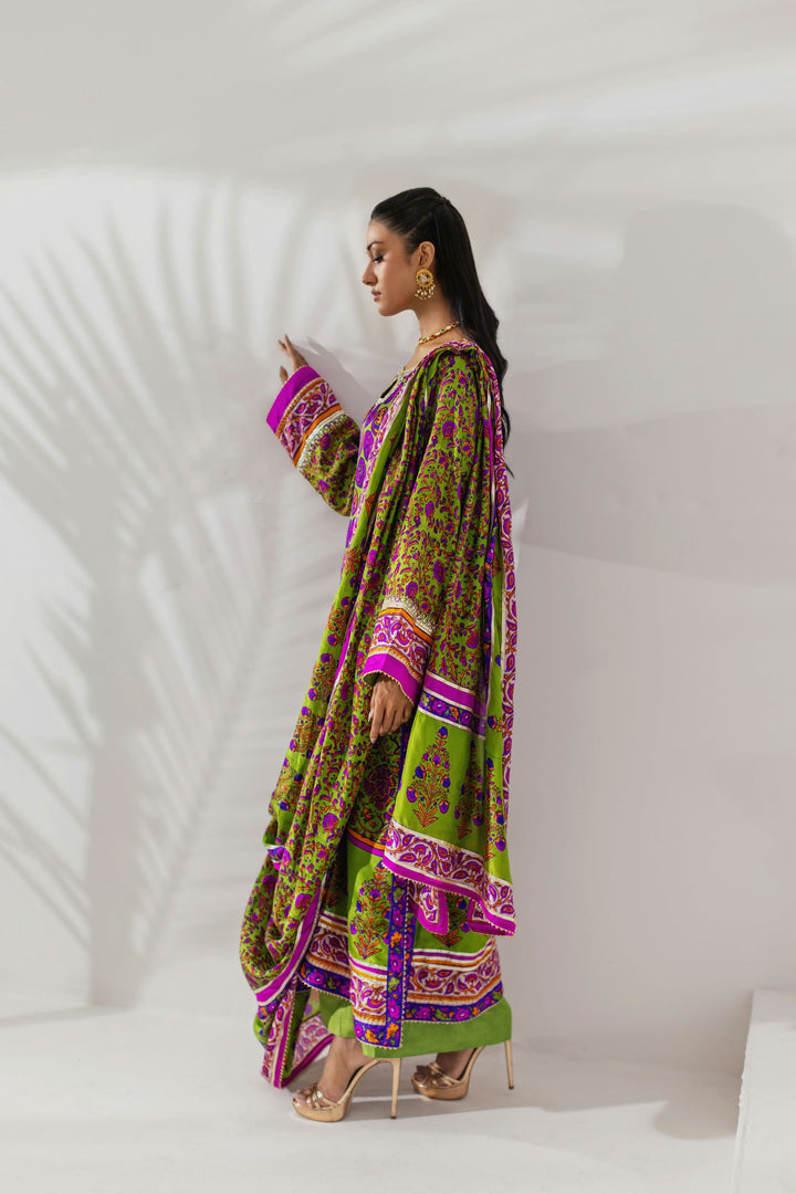 Shehrnaz - Chartreuse & Magenta Vibrant Printed Drape Set - Green - 3 Piece