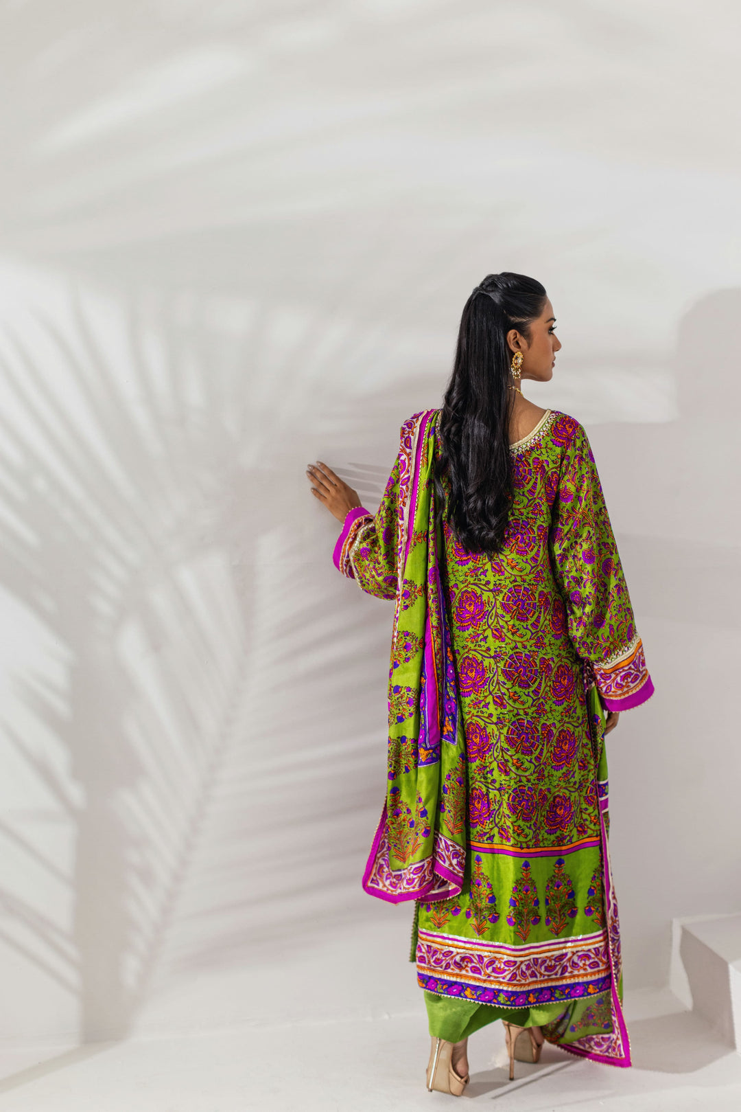 Shehrnaz - Chartreuse & Magenta Vibrant Printed Drape Set - Green - 3 Piece