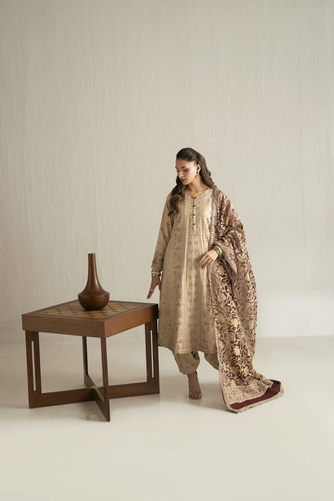 Shehrnaz - Cotton Silk Desert Paisley Suit For Women - Beige
