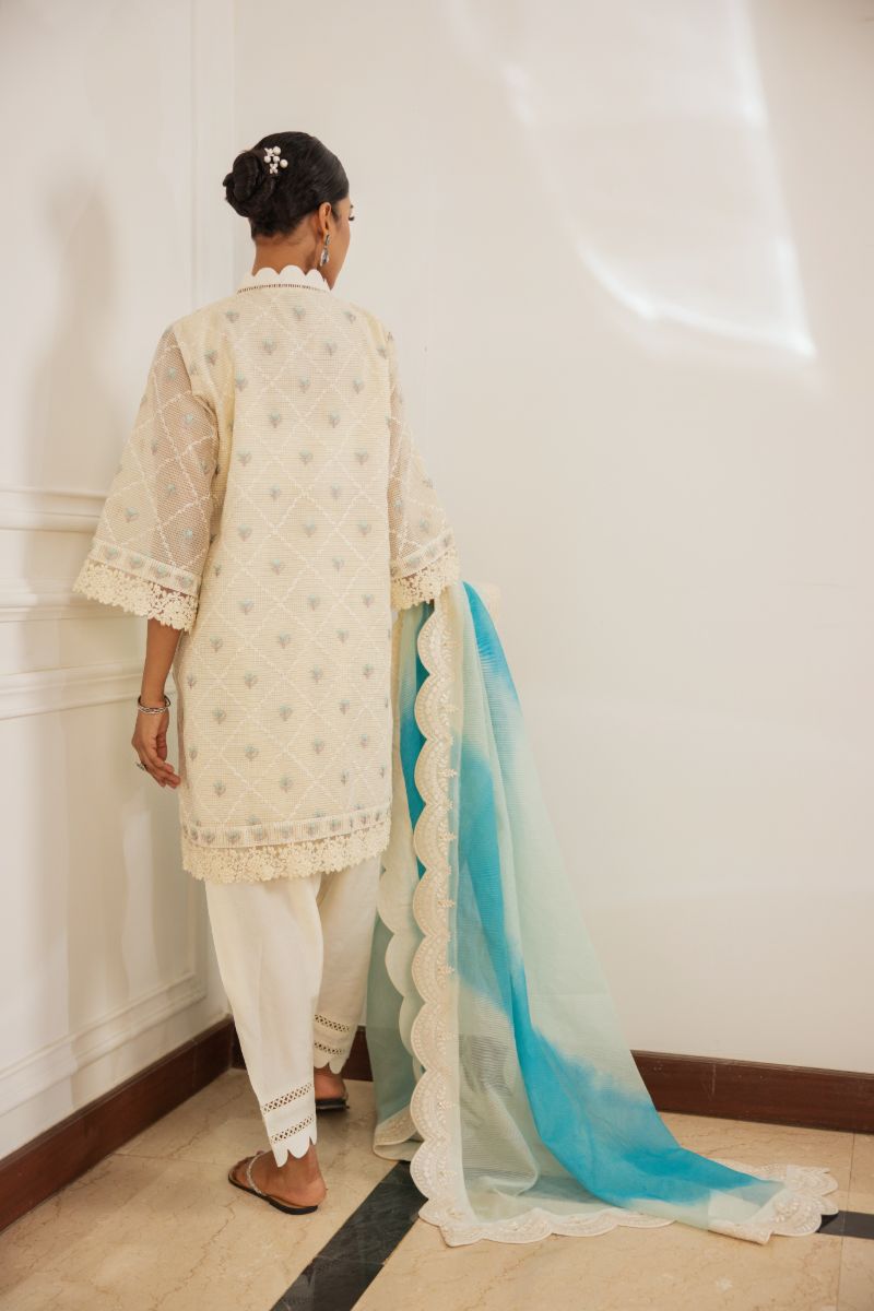Shehrnaz - Eira - SHK-1491 - Off-White - Banarsi Paper Cotton - Kurta Set 3 Pcs - 3 Piece