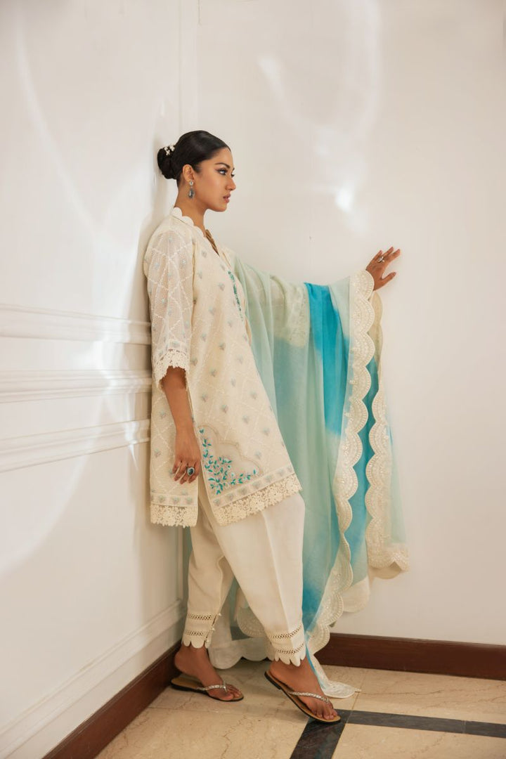 Shehrnaz - Eira - SHK-1491 - Off-White - Banarsi Paper Cotton - Kurta Set 3 Pcs - 3 Piece