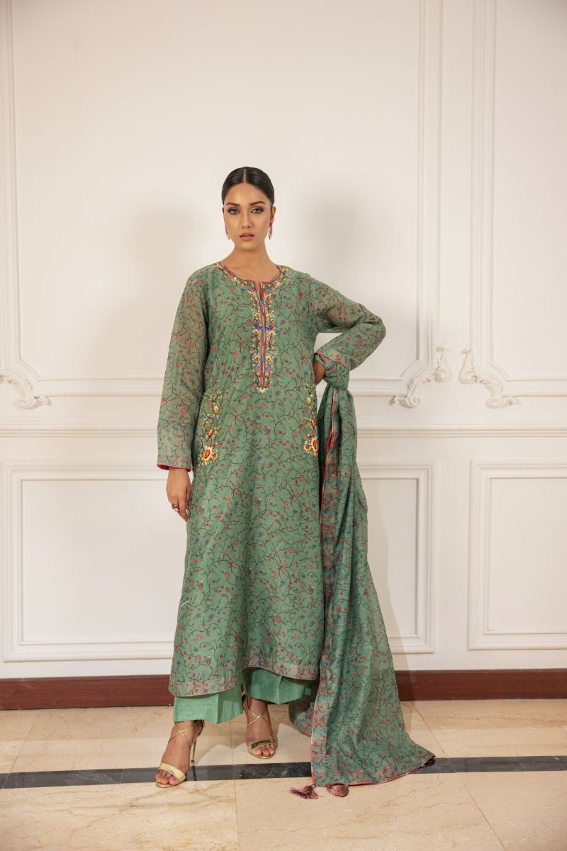 Shehrnaz - Elowen - SHK-1498 - Olive - Paper Cotton - Long Shirts - 3 Piece