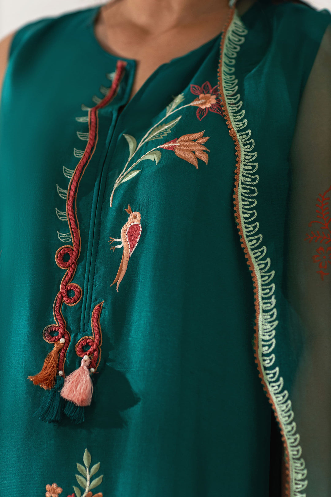 Shehrnaz - Emerald Green Silk Embroidered Tunic Set - Emerald Green - 3 Piece