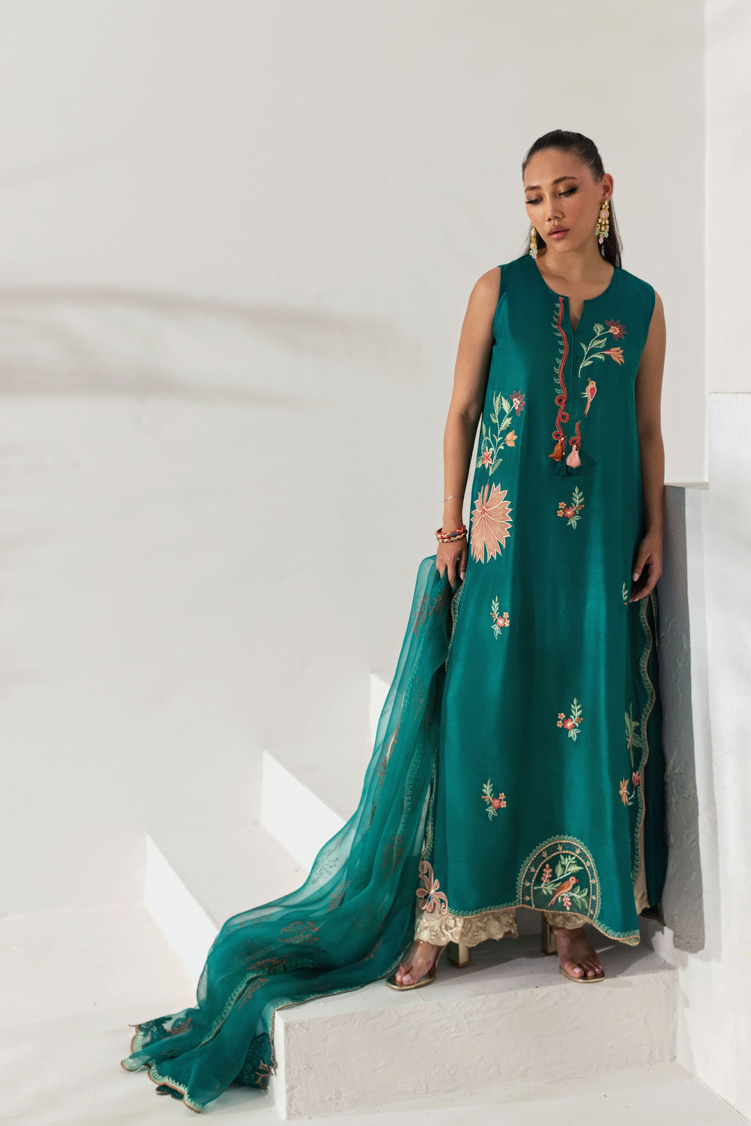 Shehrnaz - Emerald Green Silk Embroidered Tunic Set - Emerald Green - 3 Piece