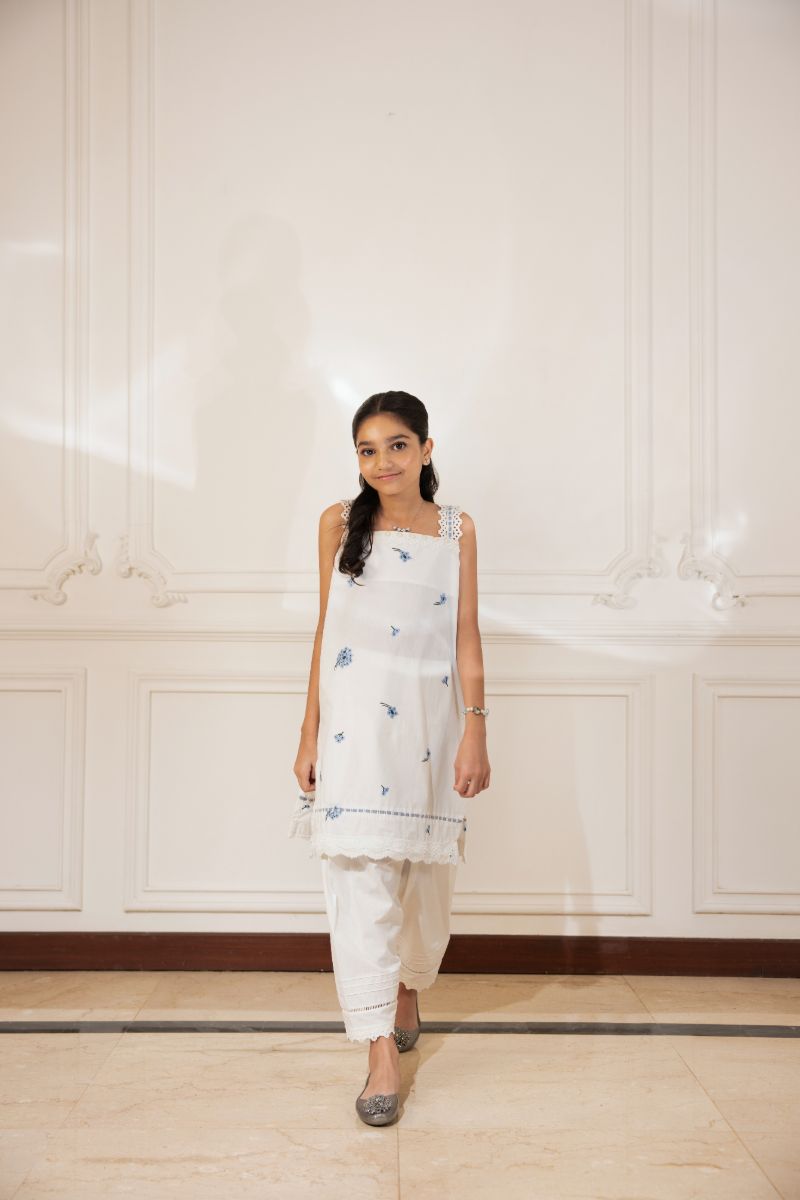Shehrnaz - Eshalin - SHKK-1505 - White & Blue - embroidered cotton - 2 Piece