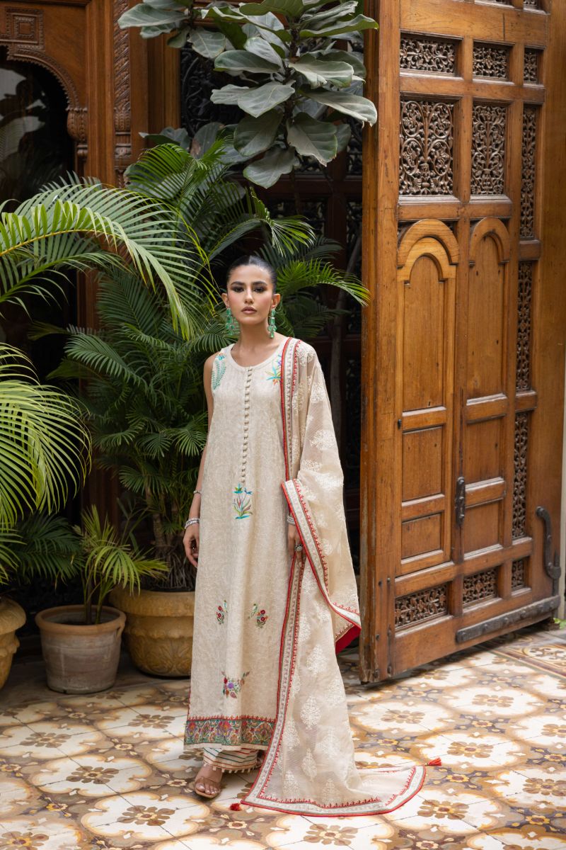 Shehrnaz - Feroza - SHK-1436 - Beige - Cotton Net - 3 Piece