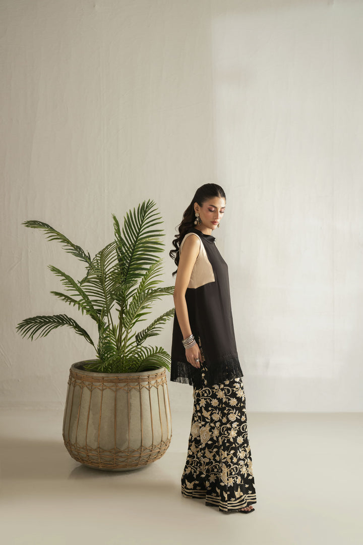 Shehrnaz - Georgette Viscose Midnight Botanica Co-Ord For Women - Black