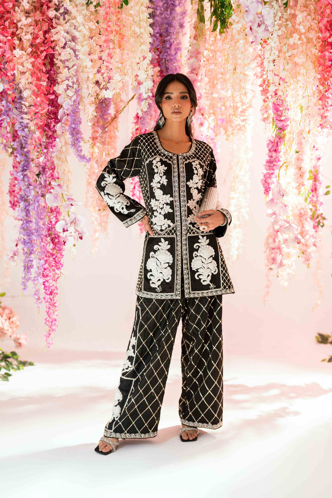 Shehrnaz - Kaya Onyx Long Coat Set - SHK-1573 - Black - Silk - 2 Piece