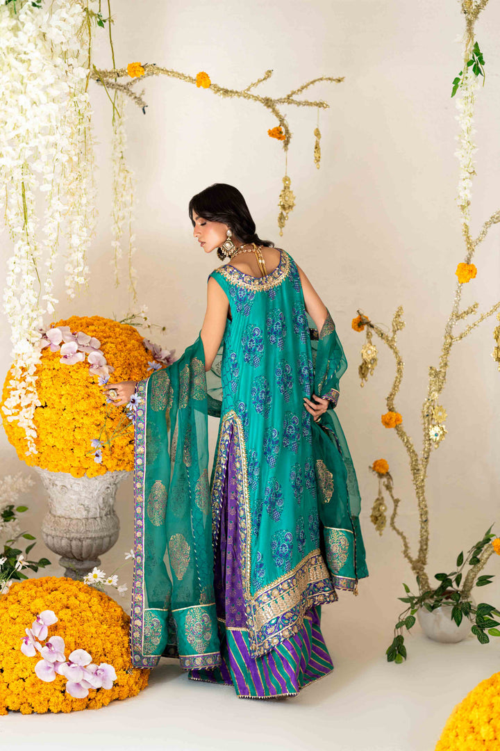 Shehrnaz - Kira Purple–Turquoise Angrakha Set - SHK-1564 - Purple & Turqoise - Silk & Organza - 3 Piece