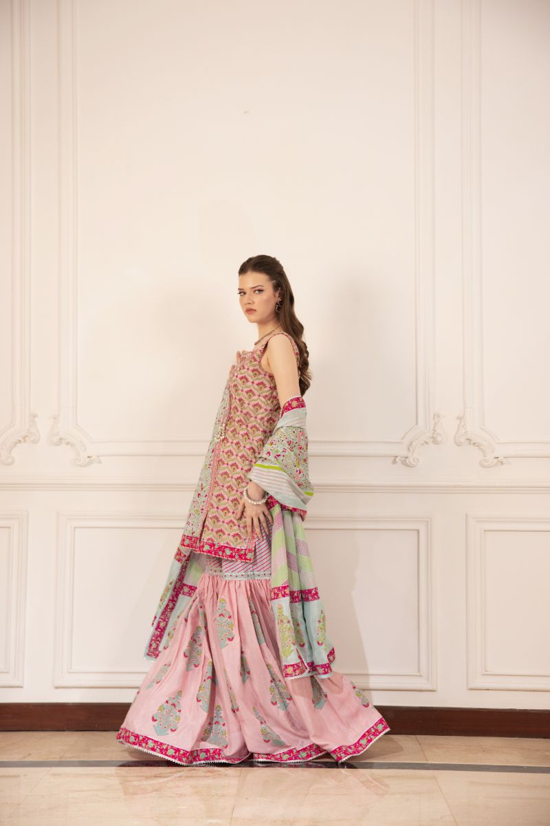 Shehrnaz - Lyra - SHK-1489 - Pink & Ferozi - Pk Medium Silk - Angrakha and Gharara - 3 Piece