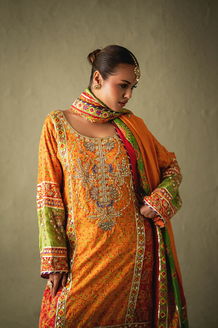 Shehrnaz - Marea Orange Silk Shalwar Set - SHK-1572 - Orange - Silk - 3 Piece