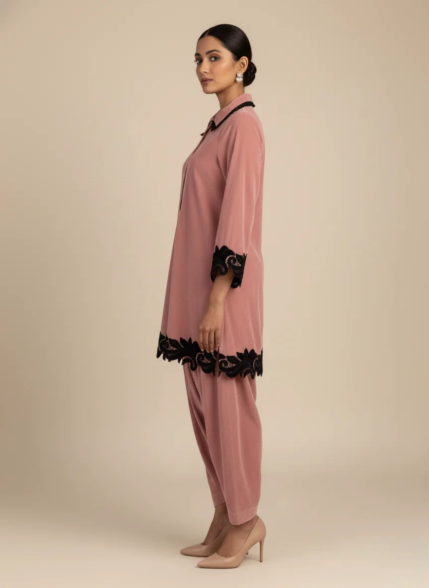 Shehrnaz - Marise Blush Pink Velvet Suit For Women - 2 Piece